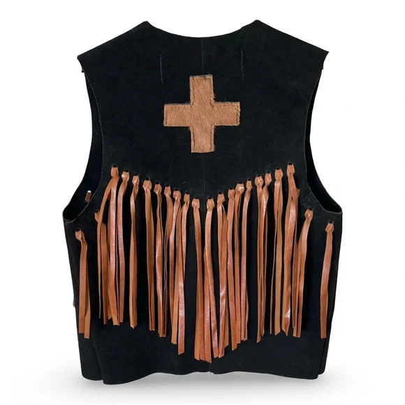 Leather Fringe Suede Vest with Cowhide Navajo Cross Appliqués Black & Chestnut - Picture 2 of 5